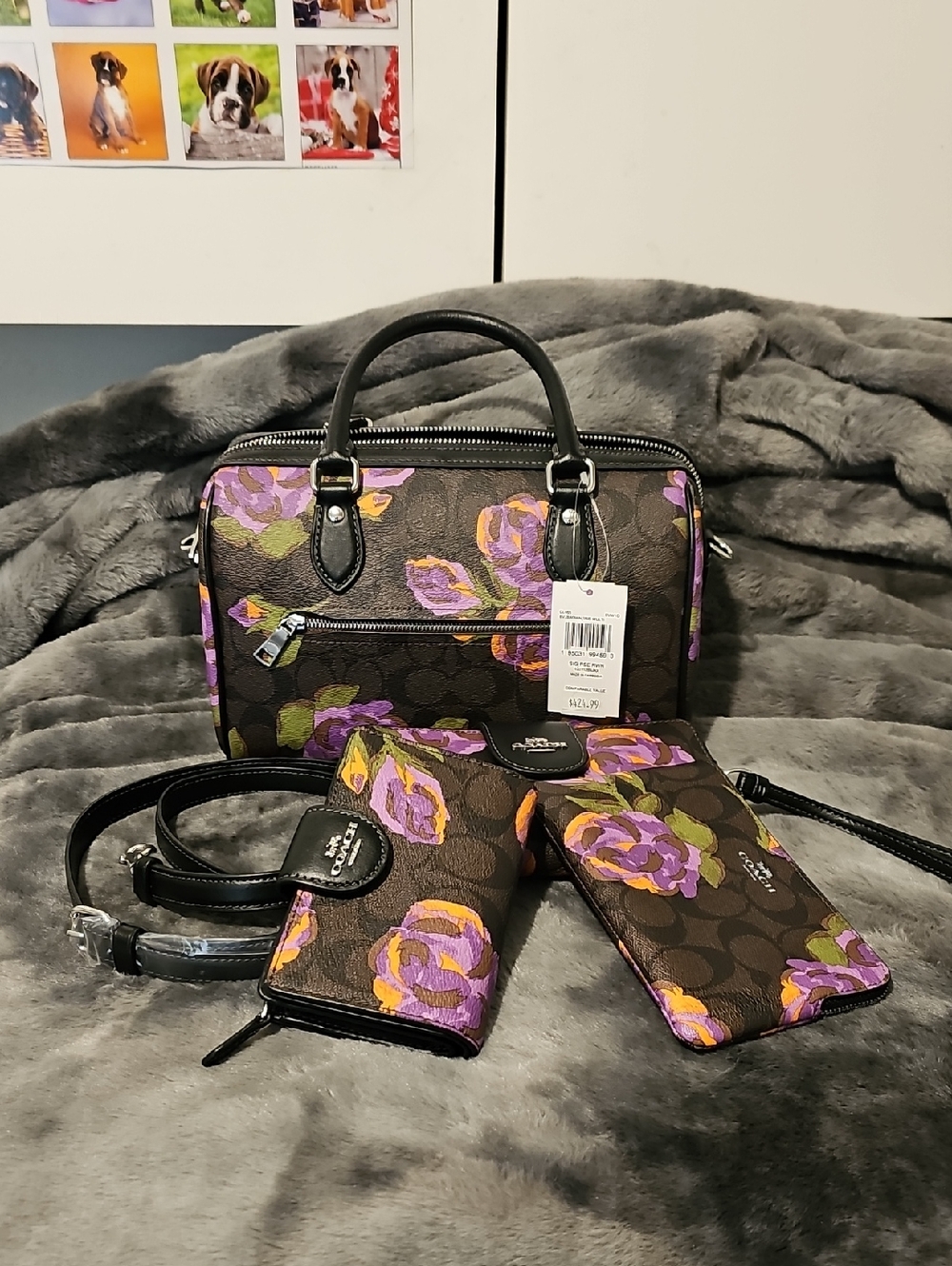 Coach Brown Floral Satchel and Wallet Set with Purple & Green Accents